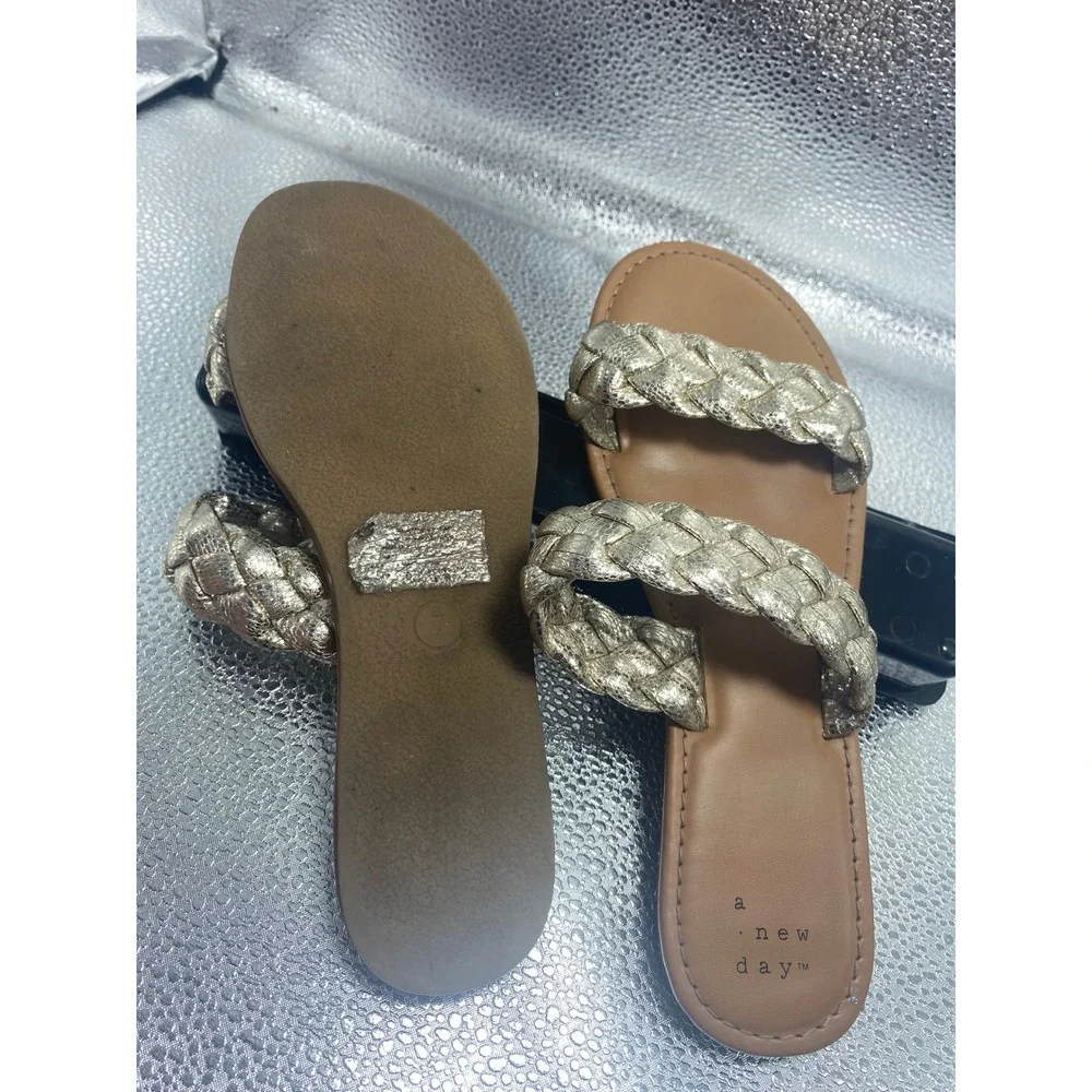 A New Day Womens Braided Slide Sandals Metallic Gold Slip On Flat Shoes Size 7